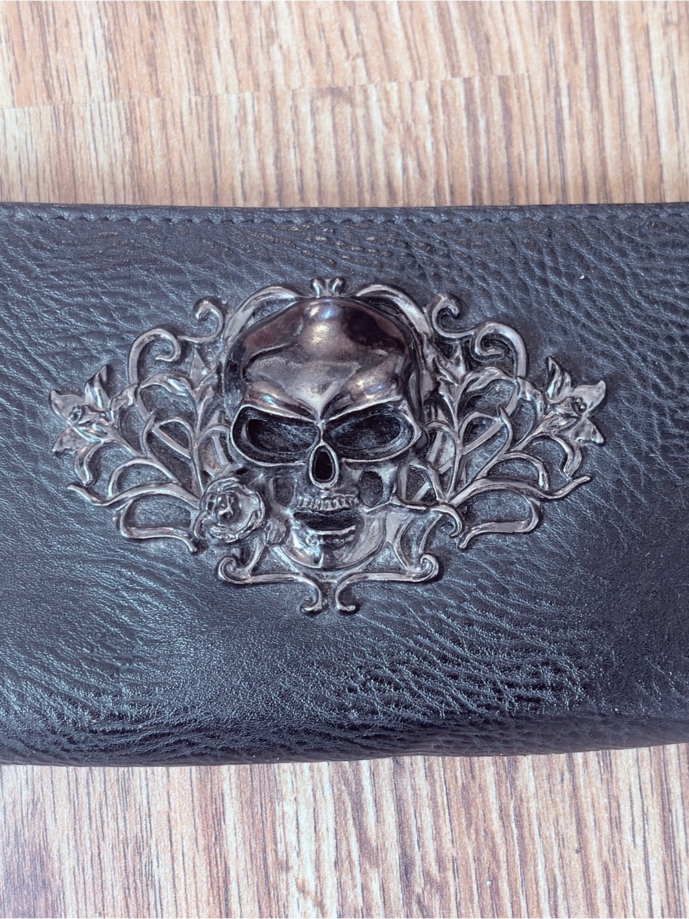 Black Leather Like Wallet with Silver Skull Emblem